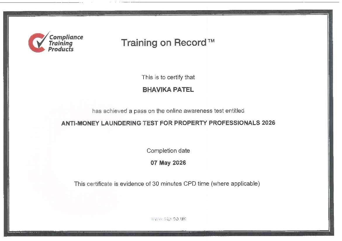 Anti-money laundering training certificate for Bhavika Patel